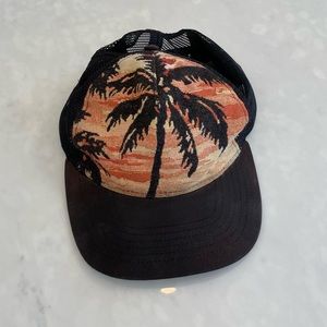 Saint Laurent Black Trucker Hat with Orange Sunset Palm
